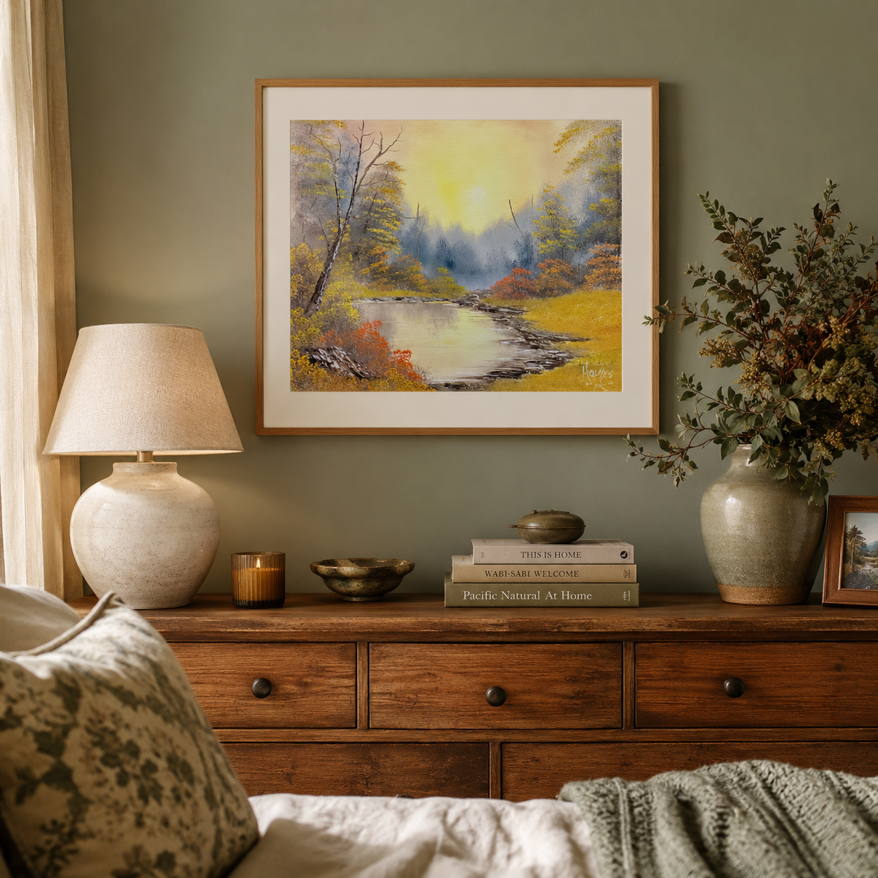 A golden hour scene on a fine art paper framed in a wooden frame, displayed over a dresser in a bedroom
