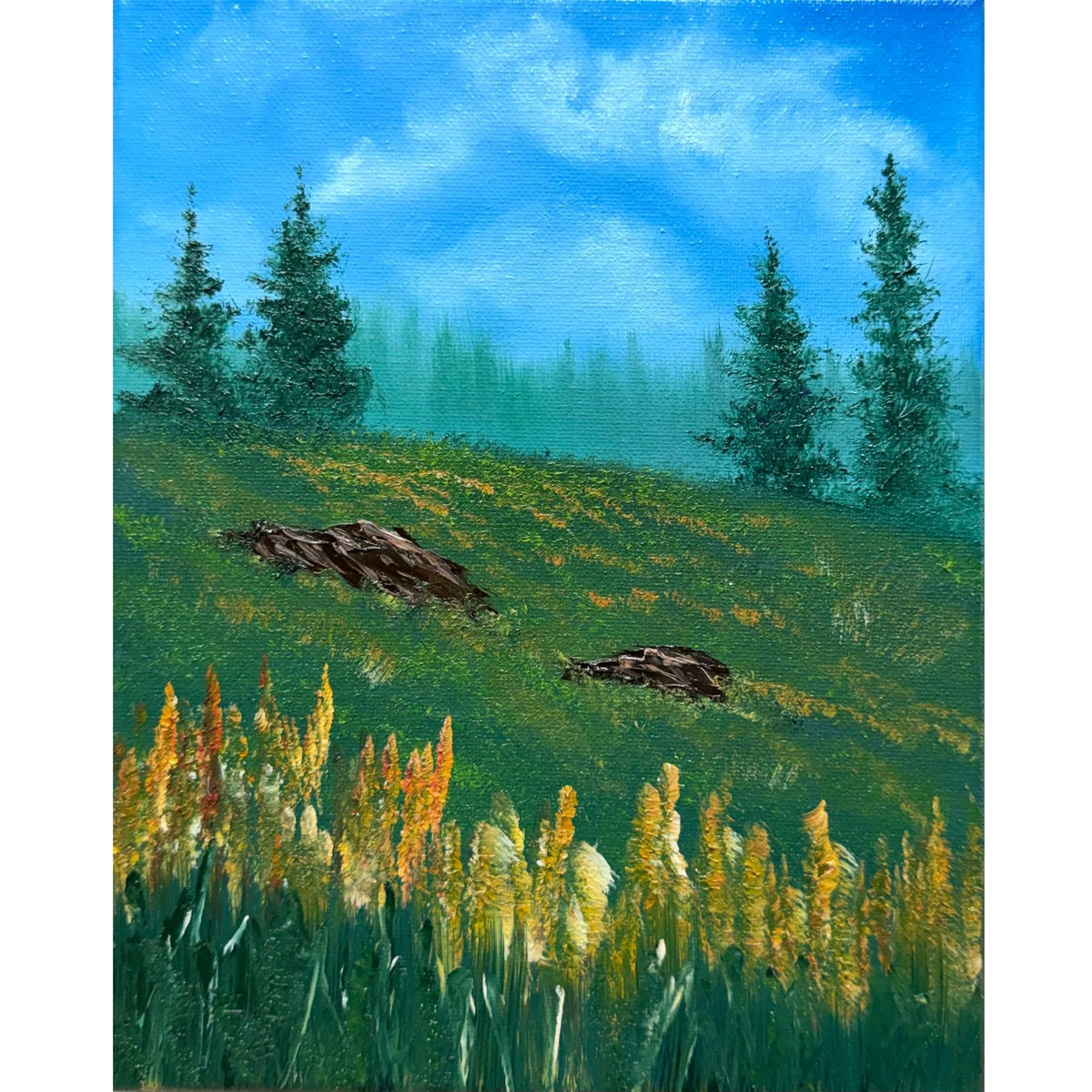 Green mountain meadow with rocky slopes, pine trees and golden wildflowers beneath a bright blue sky, original 8x10 oil painting on canvas.