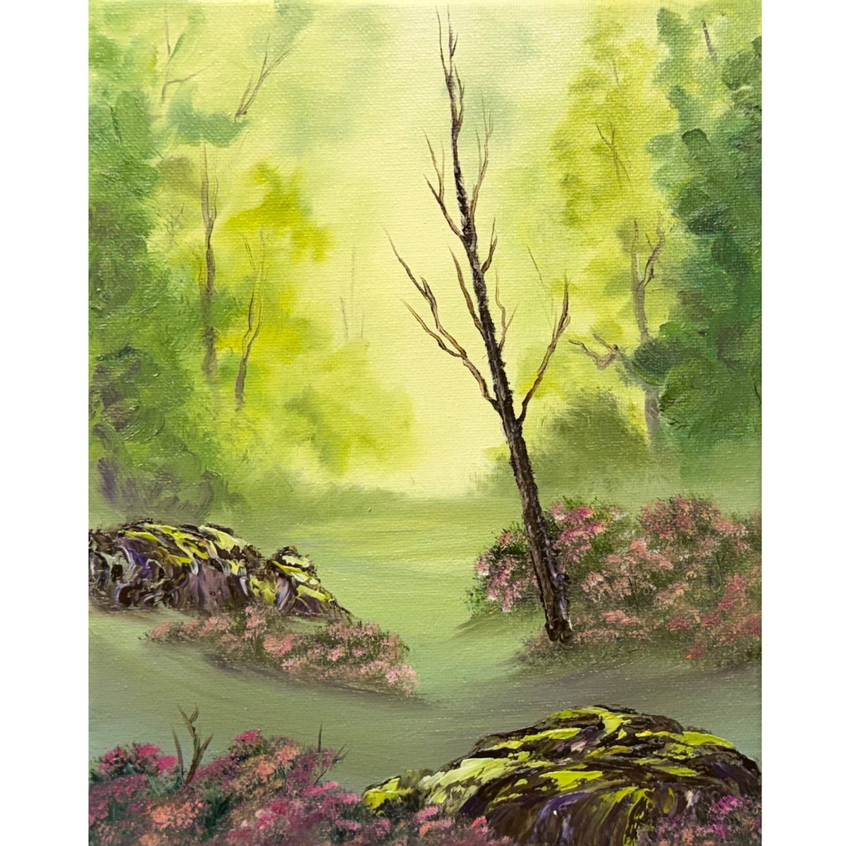 Sunlit green woodland with pink wildflowers, mossy rocks and a slender tree trunk, original 8x10 oil painting on canvas.