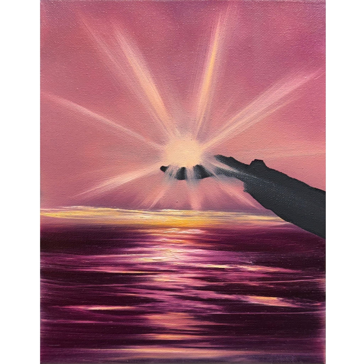 Silhouetted hand reaching toward golden sunbeams over pink, violet and deep plum water, original 8x10 oil painting on canvas.