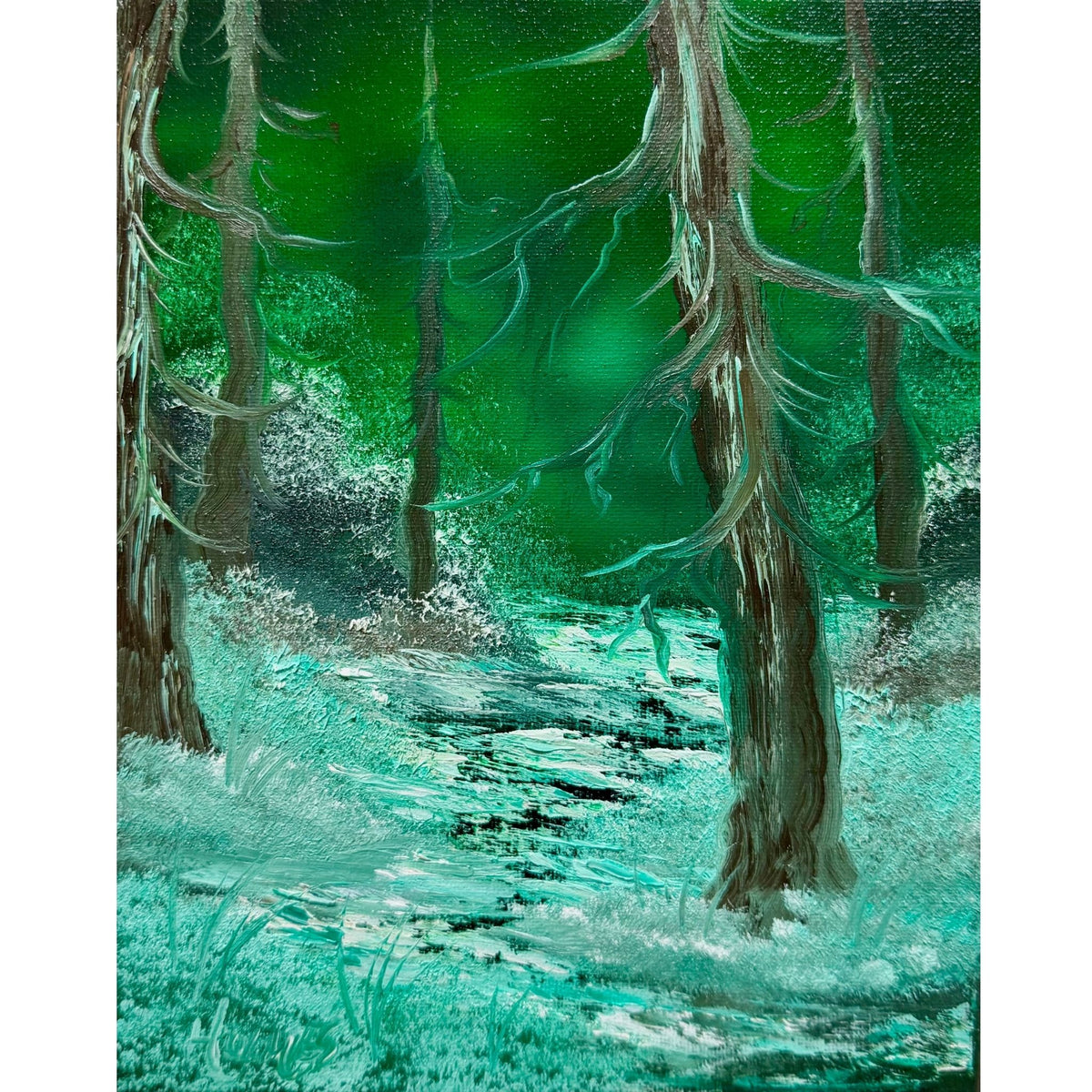 Dark forest glowing with emerald and mint-green light, icy moss and textured tree trunks, original 8x10 oil painting on canvas.