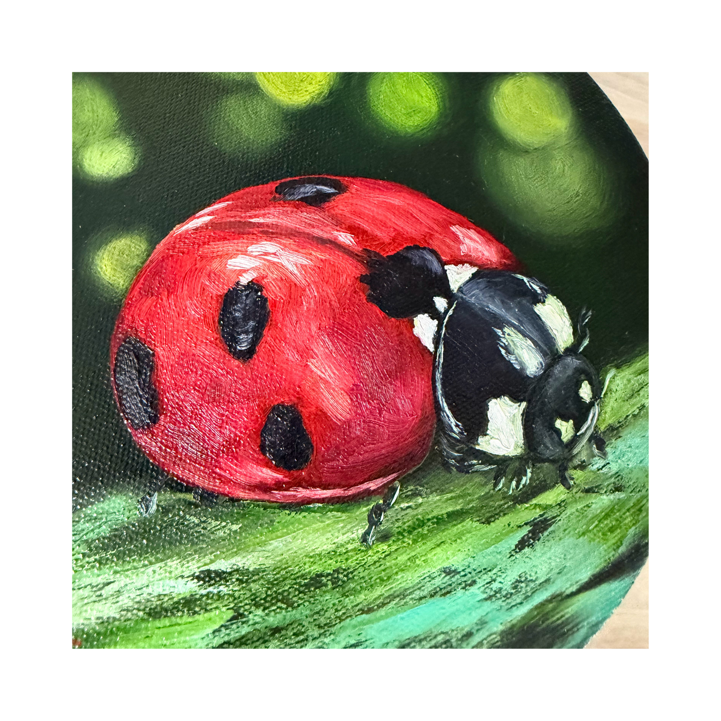 ladybird original oil painting on 8" round canvas - brushstroke detail