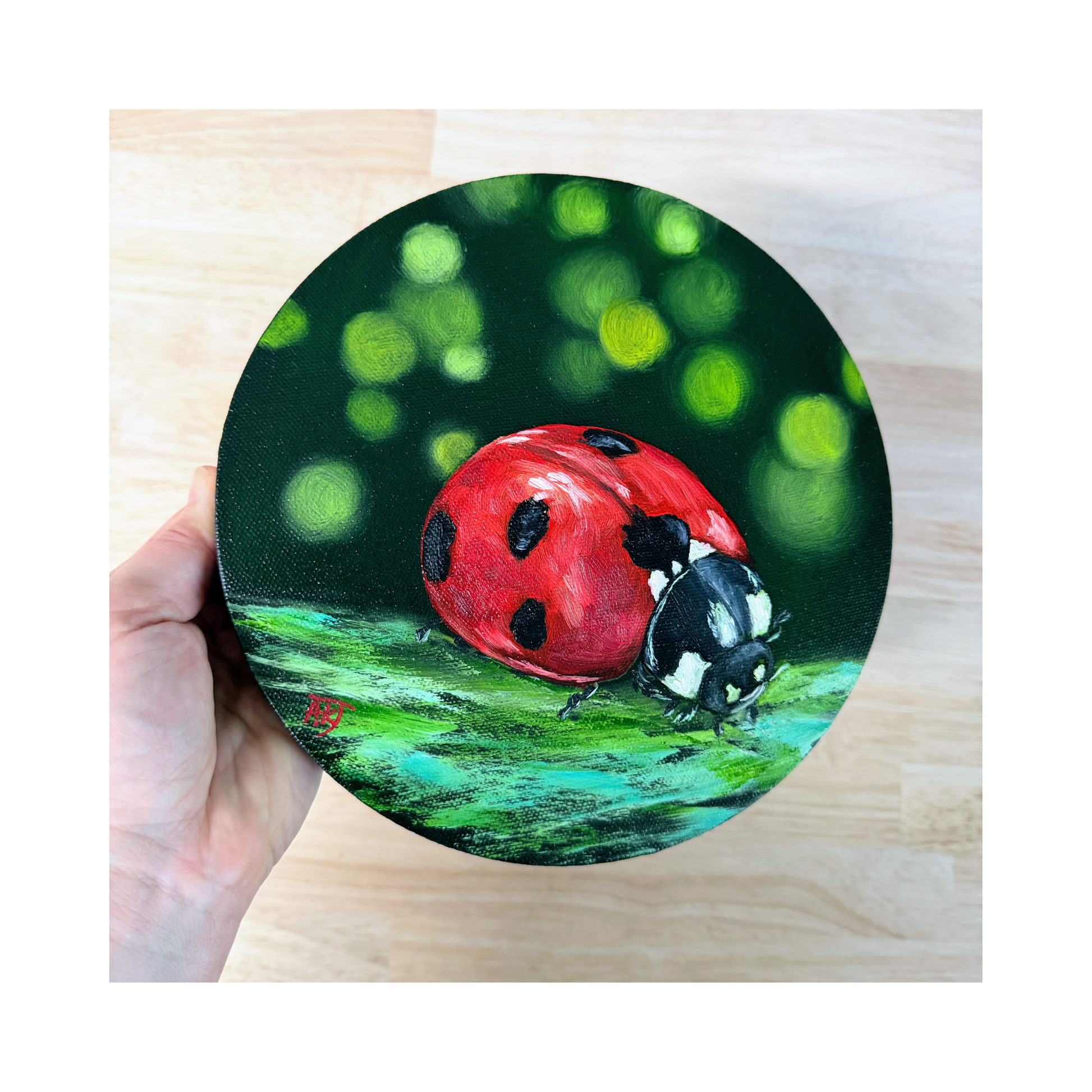 ladybird original oil painting on 8" round canvas  - top view