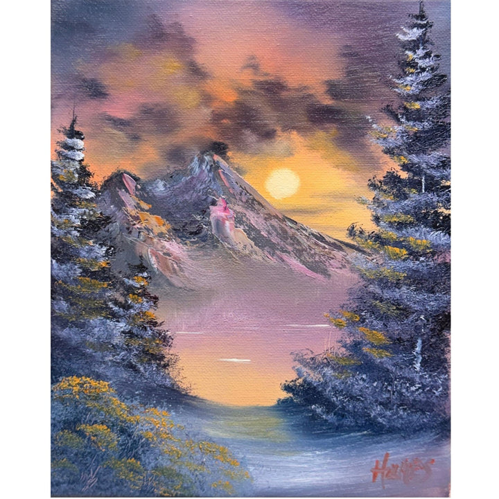 Snowy mountain and lavender evergreens reflected in water beneath a golden, pink and lilac sunset, original 8x10 oil painting on canvas.
