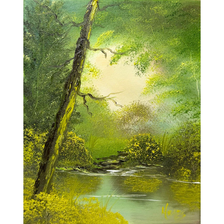Golden sunlight filtering through a lush green forest beside cool water and stone steps, original 8x10 oil painting on canvas.