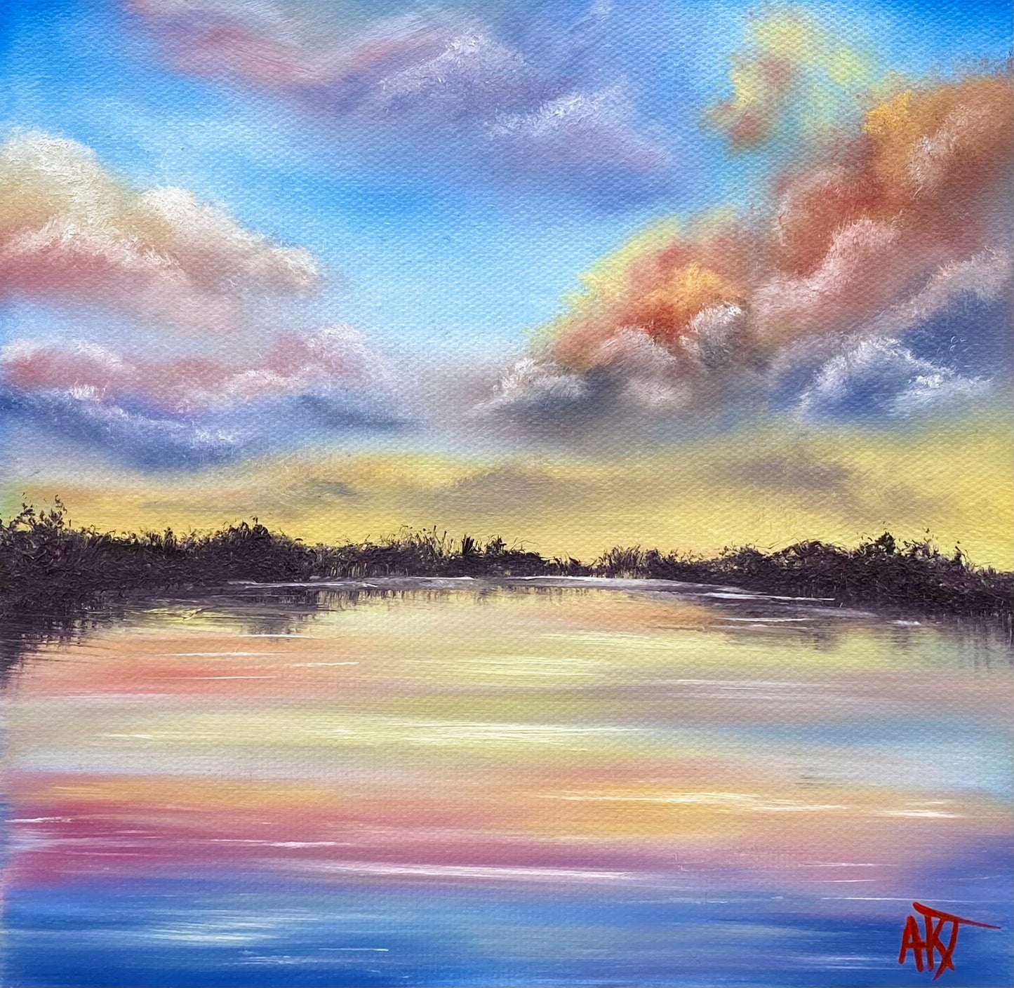 Painting of a serene landscape with a lake, colorful sky, and trees.