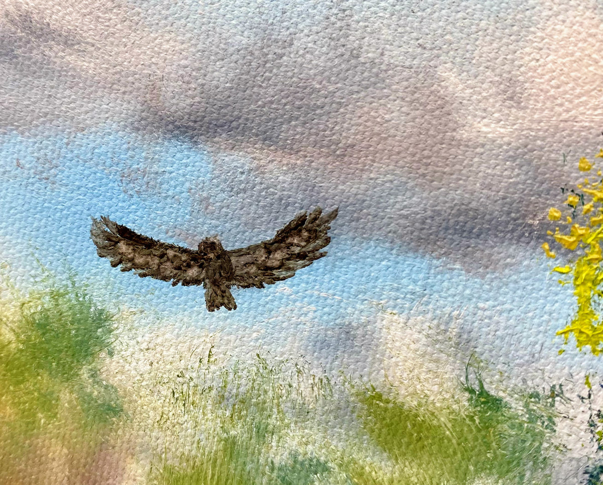 Painting of a bird in flight with a textured background