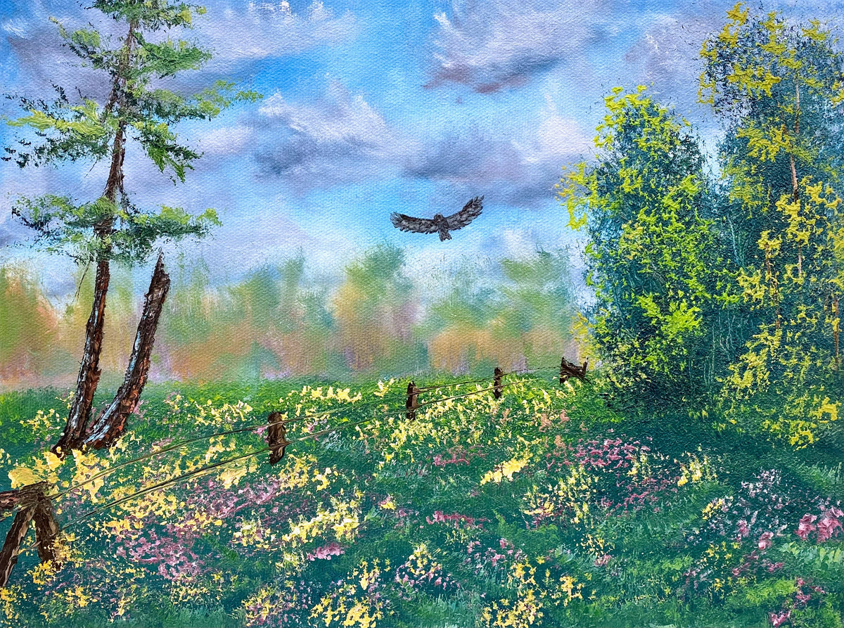 Painting of an eagle flying over a forest with trees and flowers.