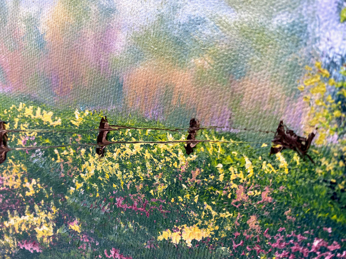 close up from the oil painting of a landscape with trees and flowers
