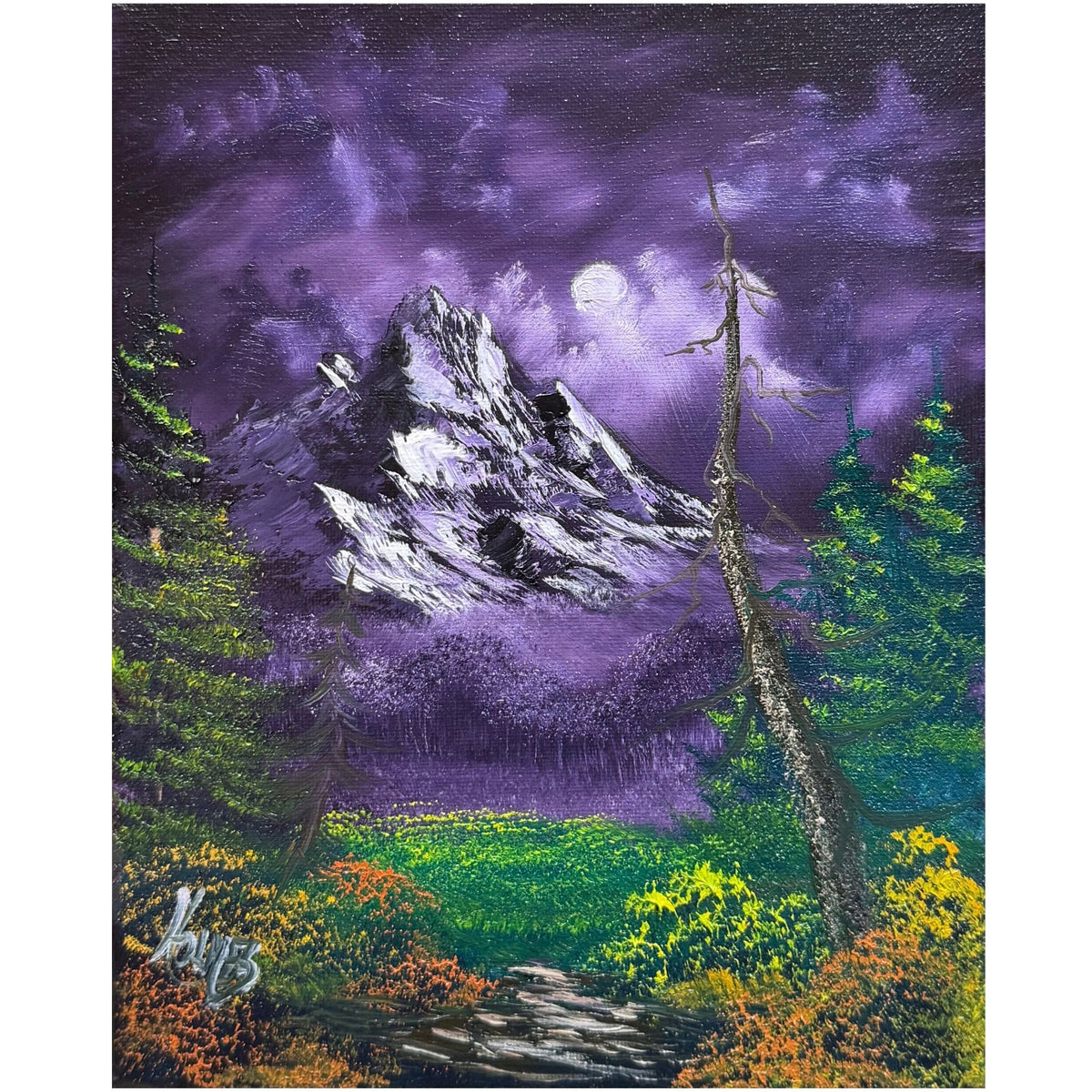 Snow-dusted mountain beneath a purple moonlit sky with colorful wildflowers and a winding stone path, original 8x10 oil painting on canvas.