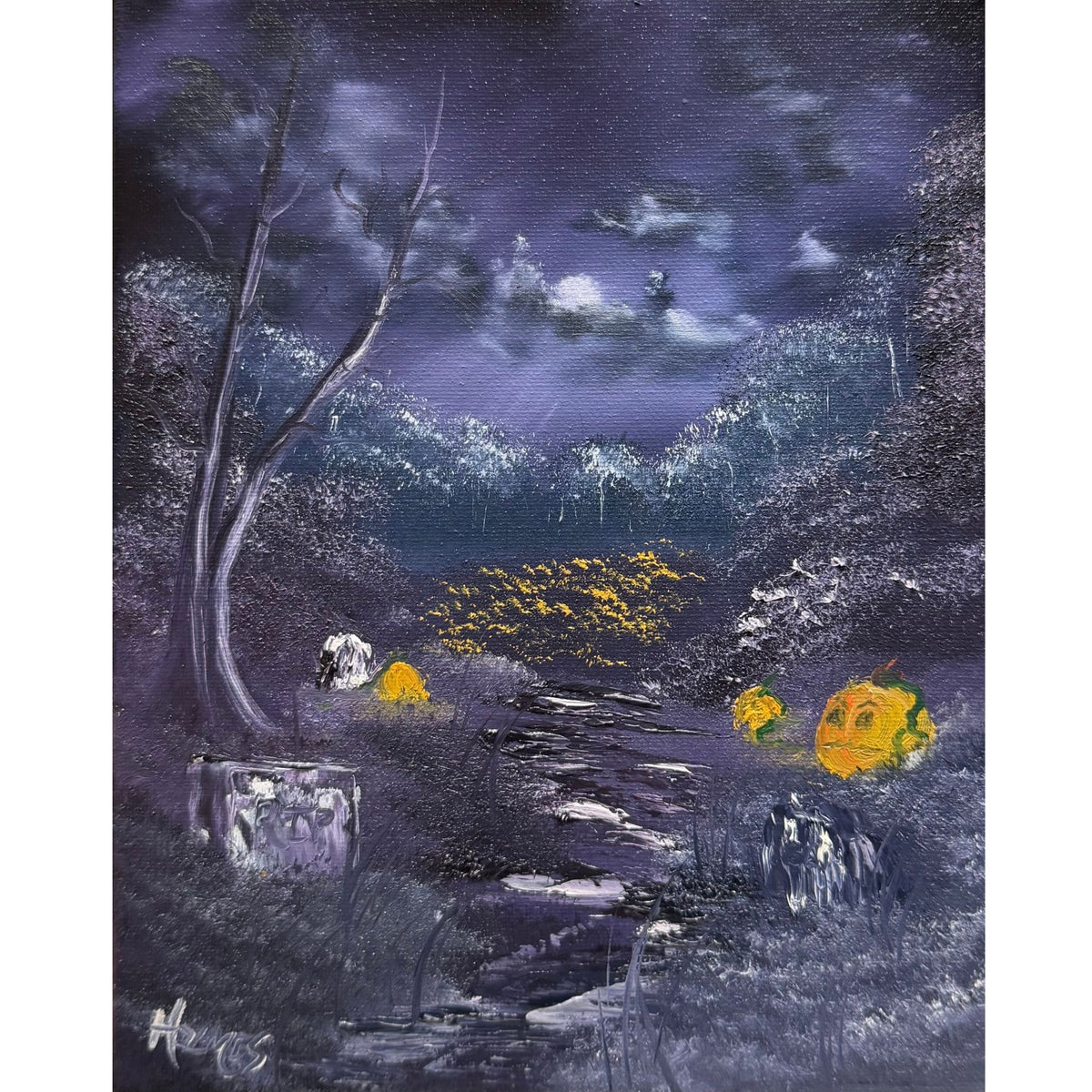 Glowing jack-o'-lanterns lining a stone path beneath bare trees and a deep purple twilight sky, original 8x10 oil painting on canvas.