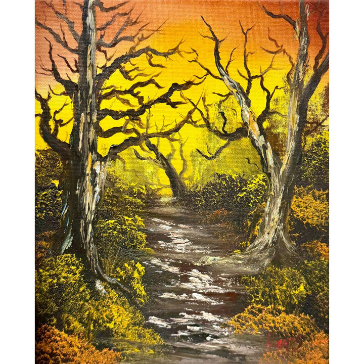 Bare tree silhouettes and a stone woodland path glowing beneath an amber and yellow autumn sky, original 8x10 oil painting on canvas.