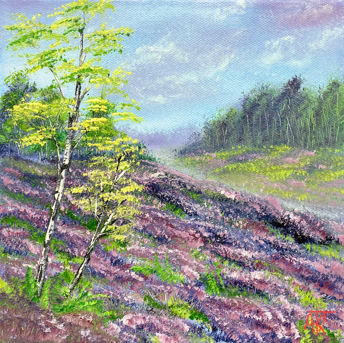 Painting of a landscape with trees and a hillside