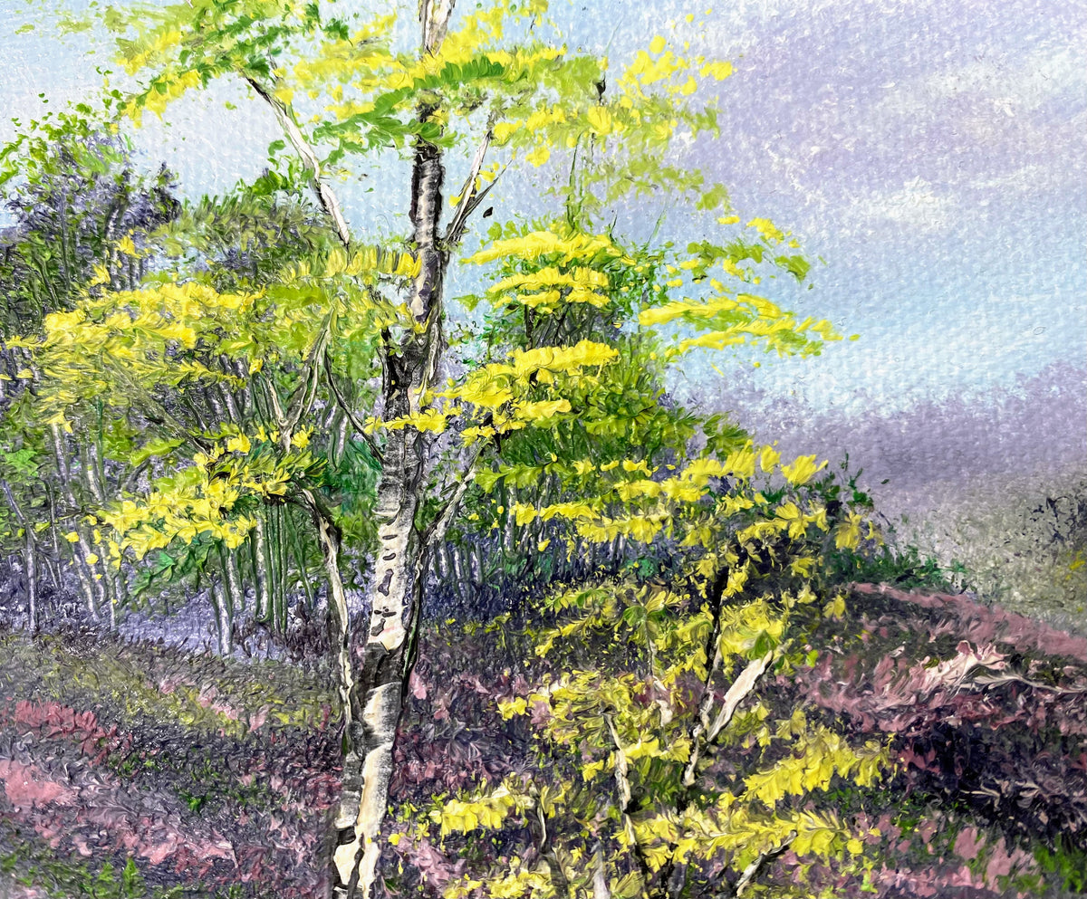 Painting of a tree with yellow leaves in a natural setting