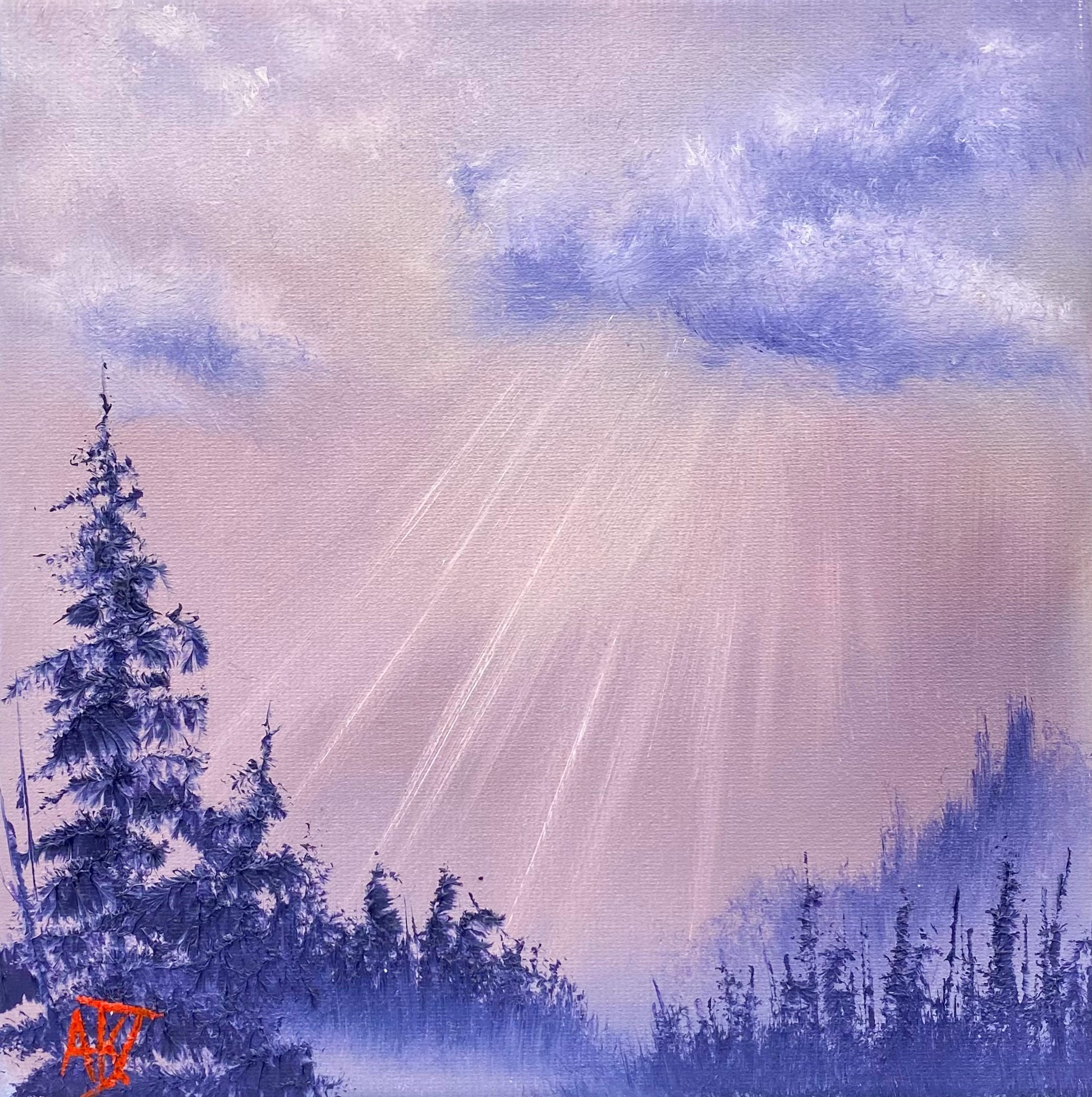 Artistic depiction of trees with a light purple sky and sun rays.