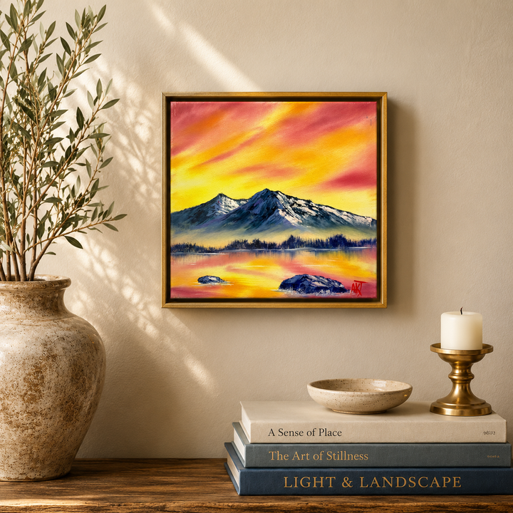 Original oil painting on 8"x8" canvas showing glowing colorful mountain scene with a large lake at sunset or sunrise. Art on the cream wall over books and candle