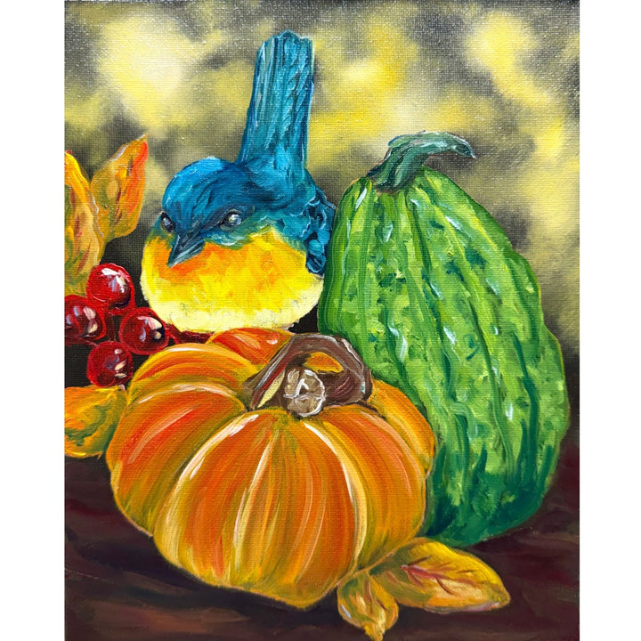 Blue songbird perched beside an orange pumpkin and green gourd surrounded by autumn leaves and red berries, original 8x10 oil painting on canvas.
