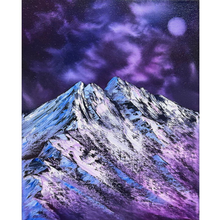 Jagged snow-covered mountain beneath swirling violet clouds and a glowing full moon, original 8x10 oil painting on canvas.