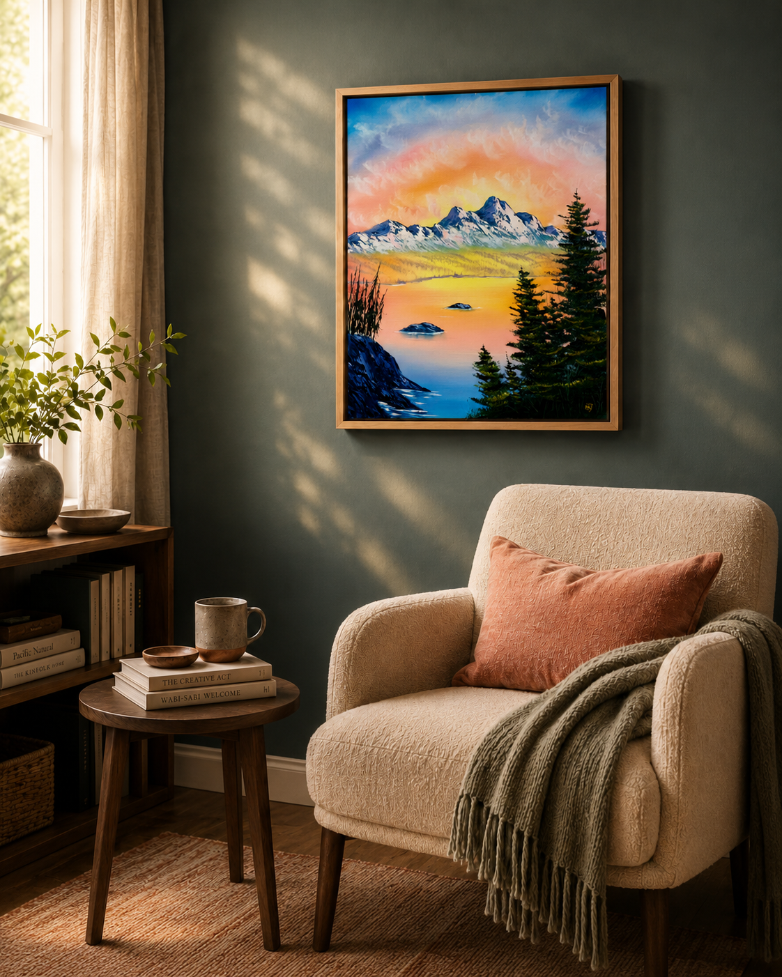 Cozy living room with a beige armchair, small table, and framed landscape painting on a dark green wall.
