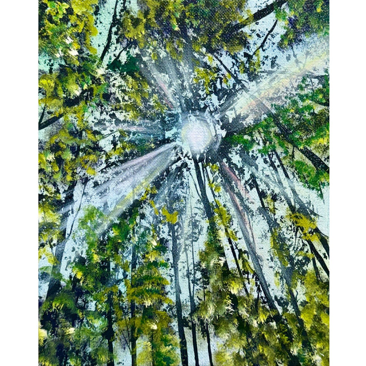 Upward view through leafy green tree branches with golden sunbeams breaking through the canopy, original 8x10 oil painting on canvas.