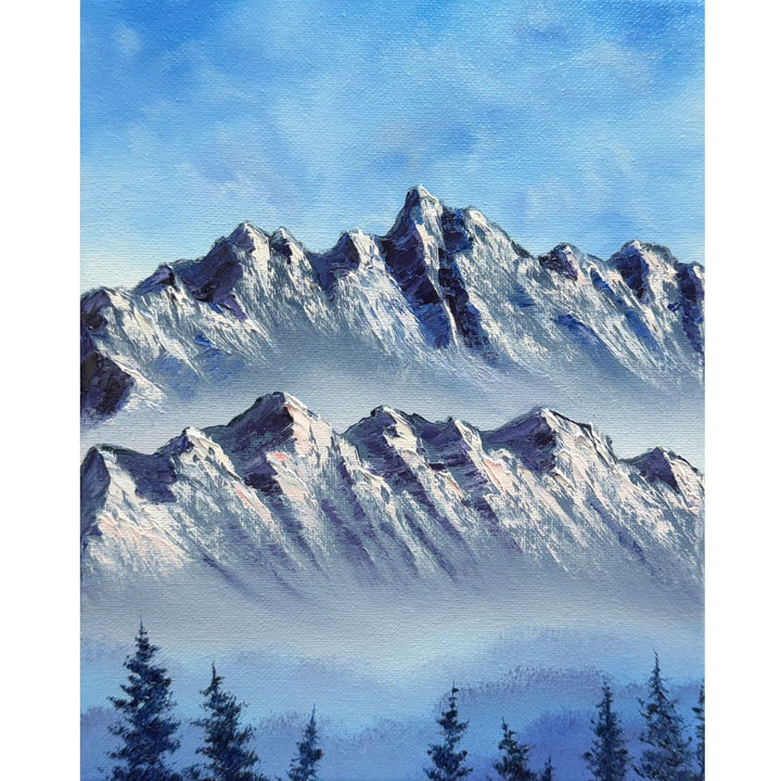 Snow-dusted mountain peaks rising through layers of blue mist above silhouetted pine trees, original 8x10 oil painting on canvas.