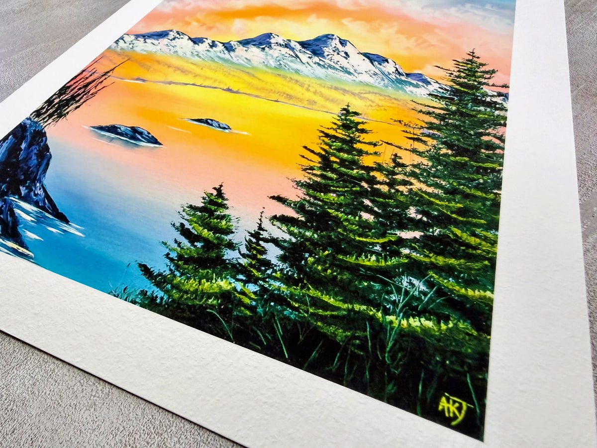 fine art print of a mountain landscape with trees and a sunset.