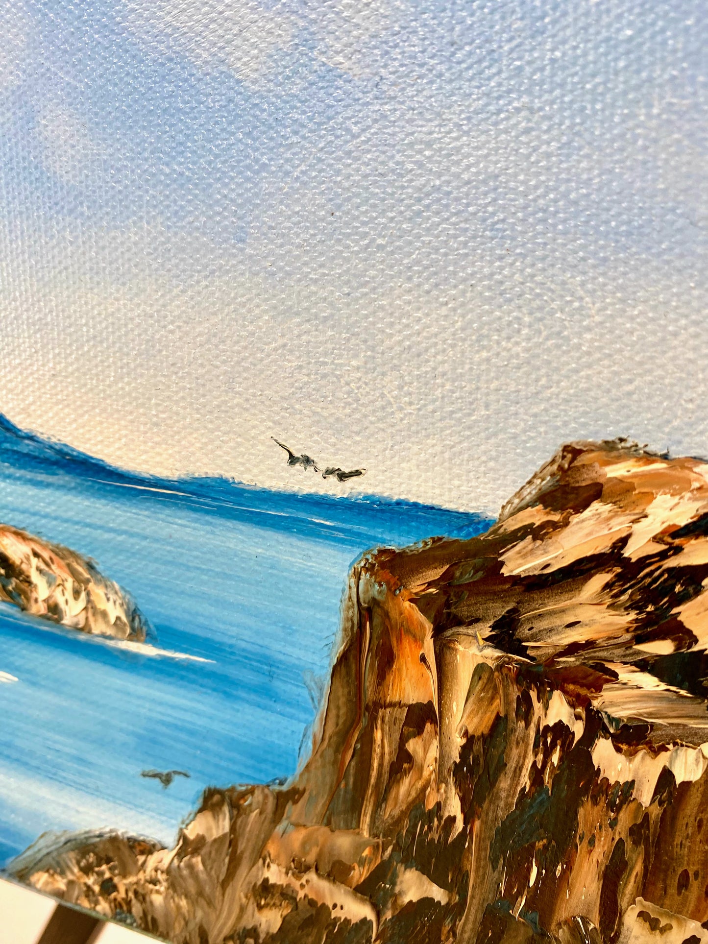 Artistic depiction of a coastal scene with cliffs, ocean, and birds.