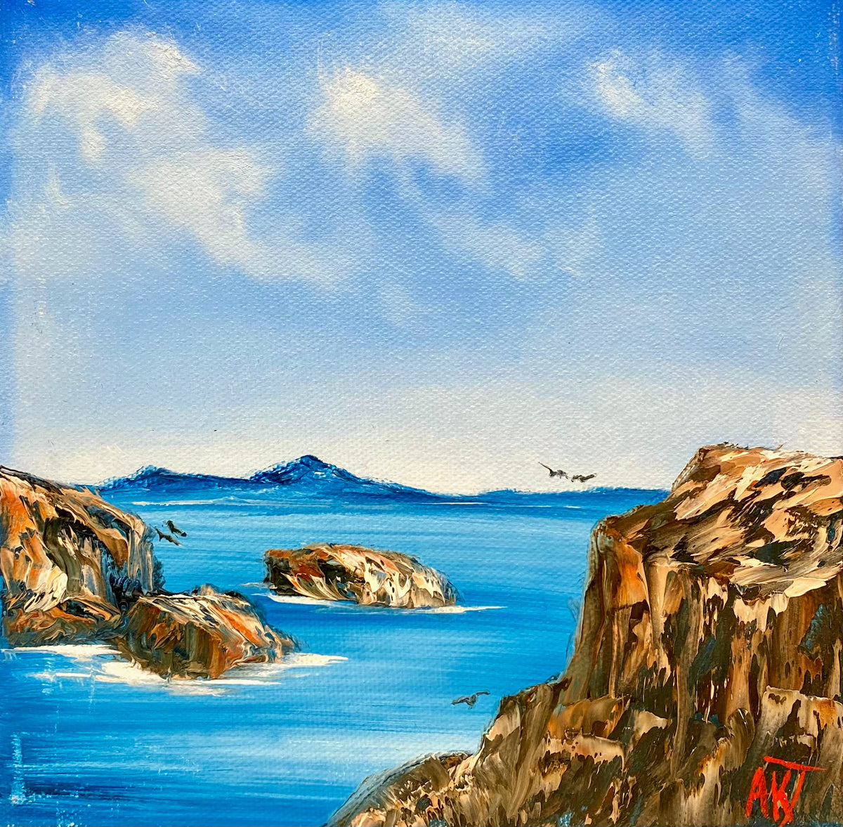 Painting of a coastal scene with rocky cliffs and blue water.