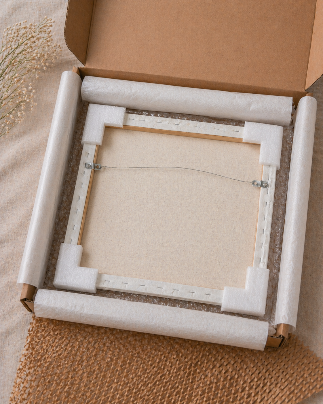 Unframed artwork in a protective cardboard box on a textured surface packing in progress ready for shipping