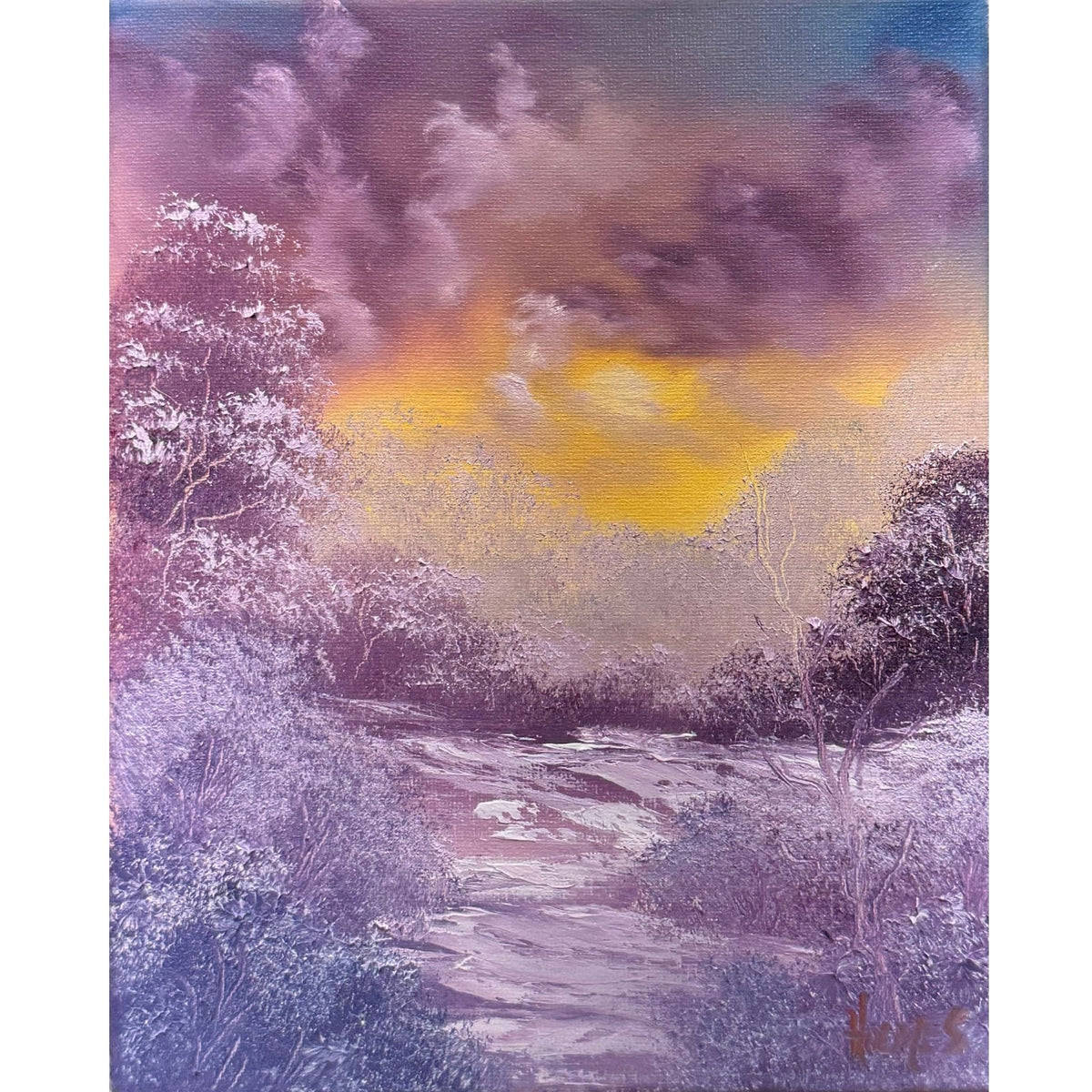 Golden sunlight breaking through purple clouds above lavender trees and a snow-covered woodland path, original 8x10 oil painting on canvas.