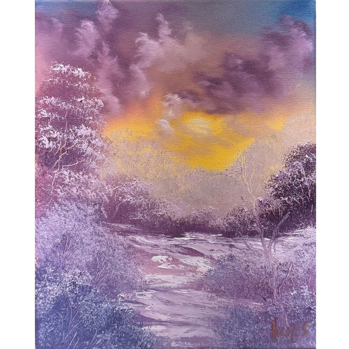 Golden sunlight breaking through purple clouds above lavender trees and a snow-covered woodland path, original 8x10 oil painting on canvas.