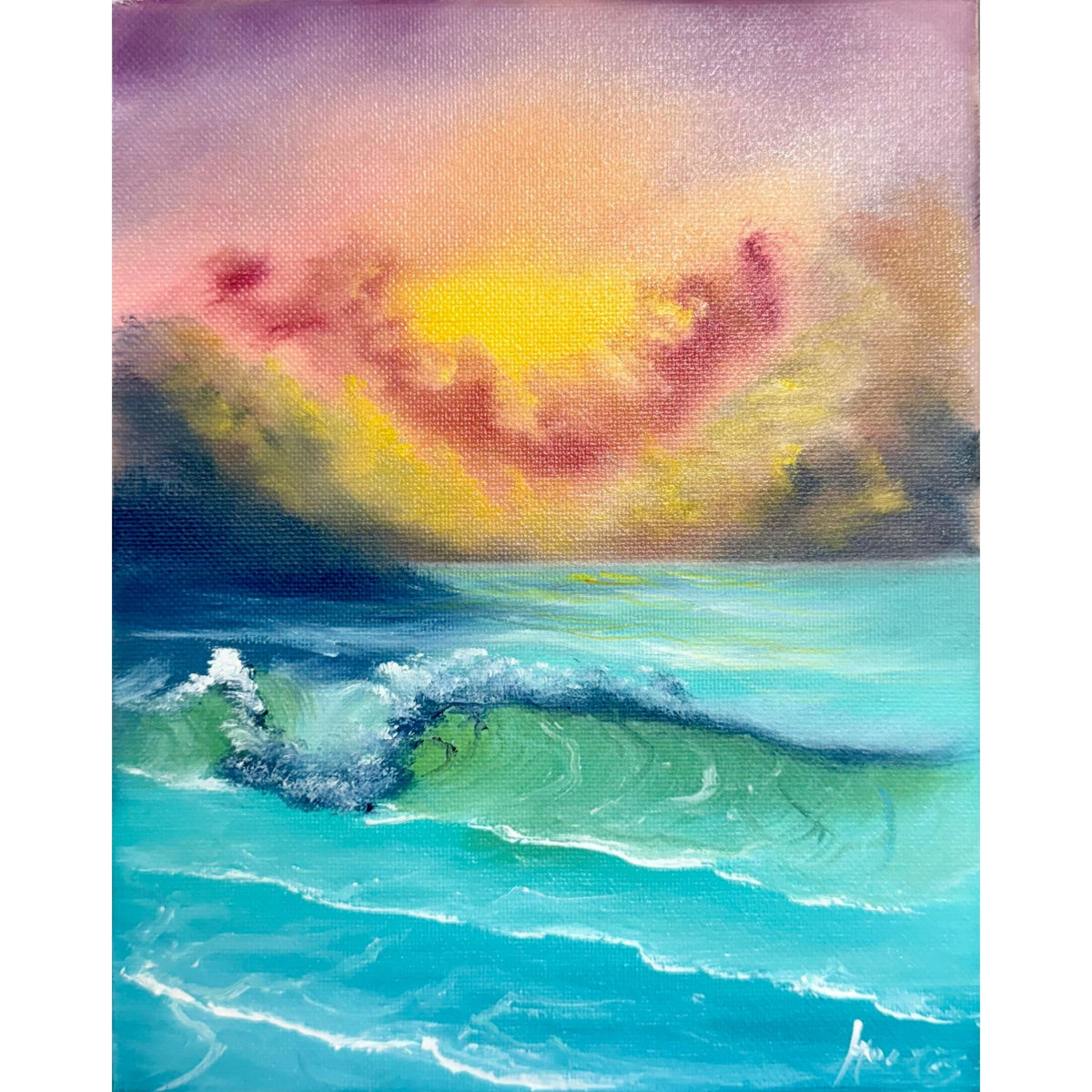 Turquoise ocean wave curling into white foam beneath a golden and pink sunset sky, original 8x10 oil painting on canvas.