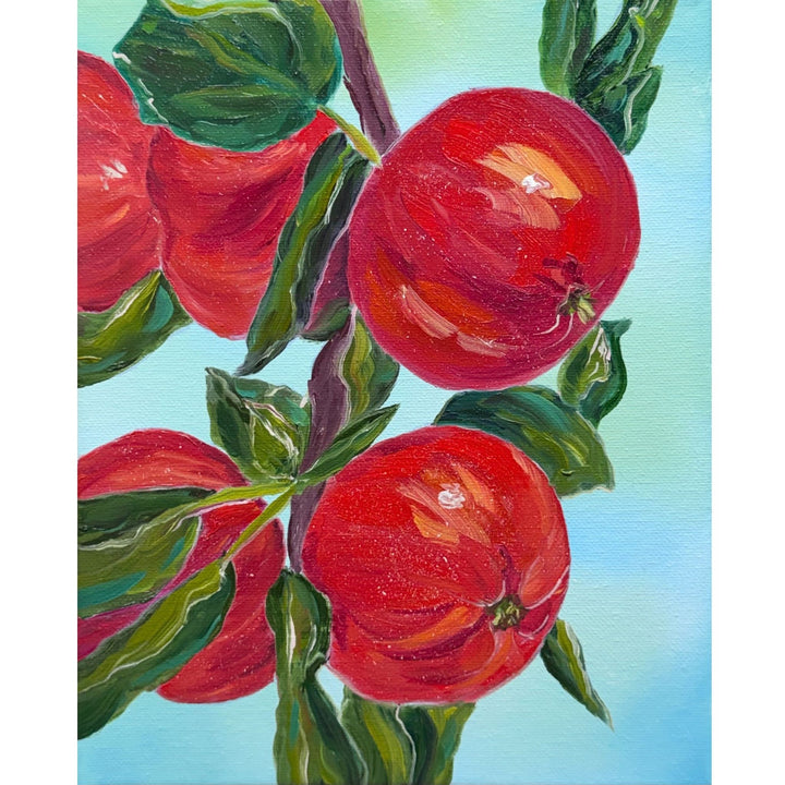 Bright red apples hanging among deep green leaves against a clear blue background, original 8x10 oil painting on canvas.