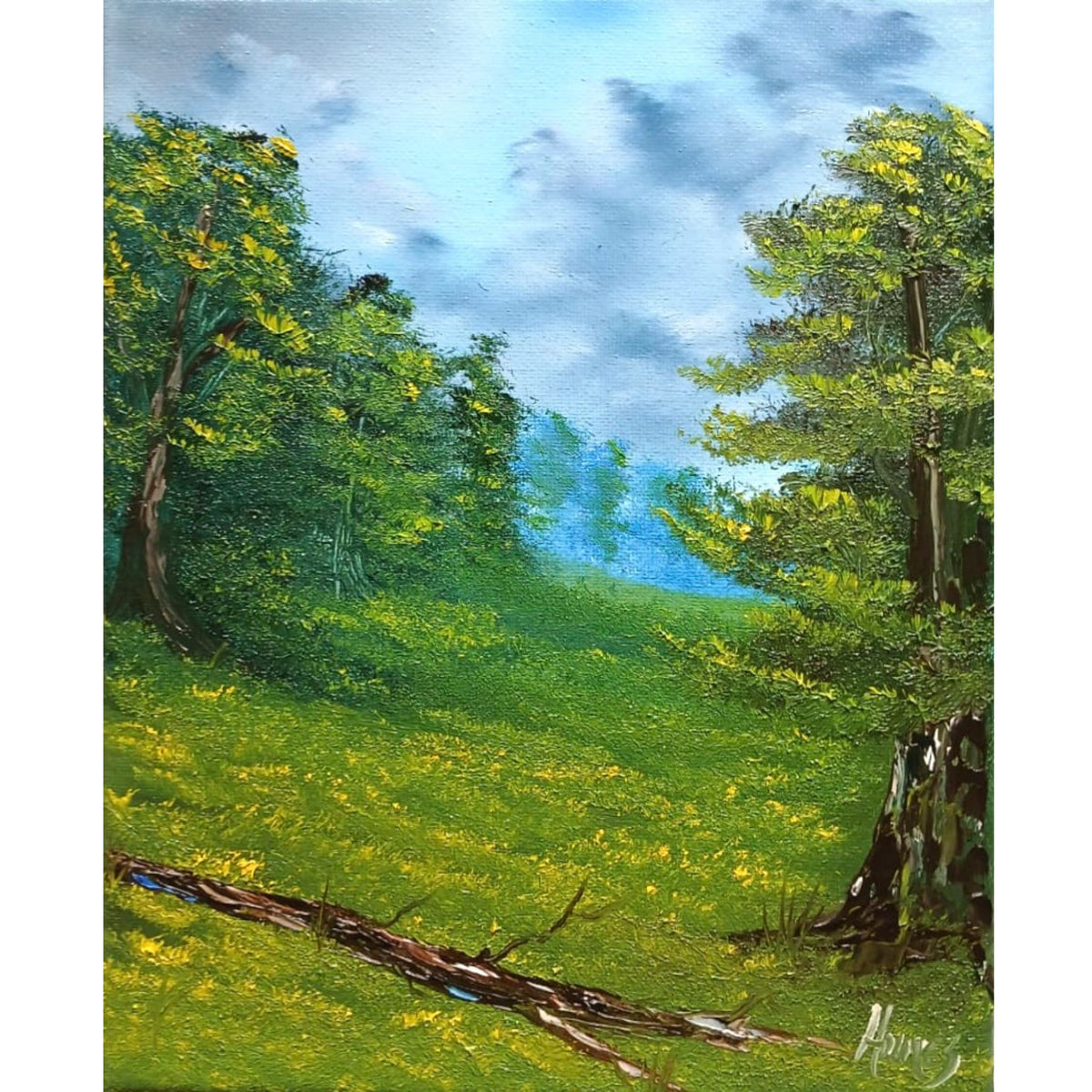 Sunlit green hills with yellow wildflowers, leafy trees, distant blue mountains and a fallen log, original 8x10 oil painting on canvas.