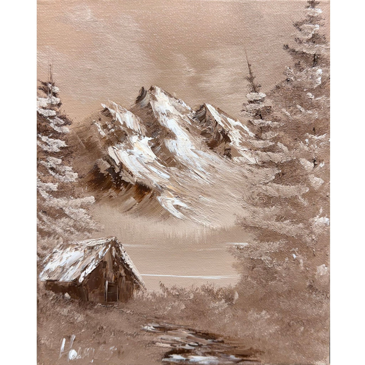 Sepia mountain landscape with snow-dusted peaks and a cozy cabin in rich warm brown tones, original 8x10 oil painting on canvas.