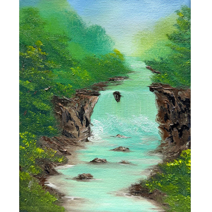 Turquoise waterfall rushing between rocky canyon walls surrounded by lush green forest, original 8x10 oil painting on canvas.