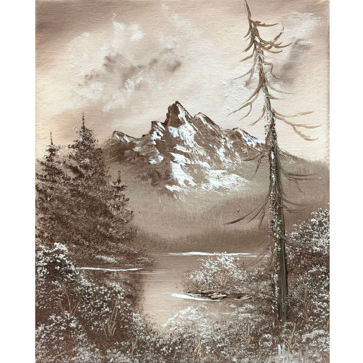 Snow-capped mountain landscape painted in warm sepia brown and parchment tones, original 8x10 oil painting on canvas.