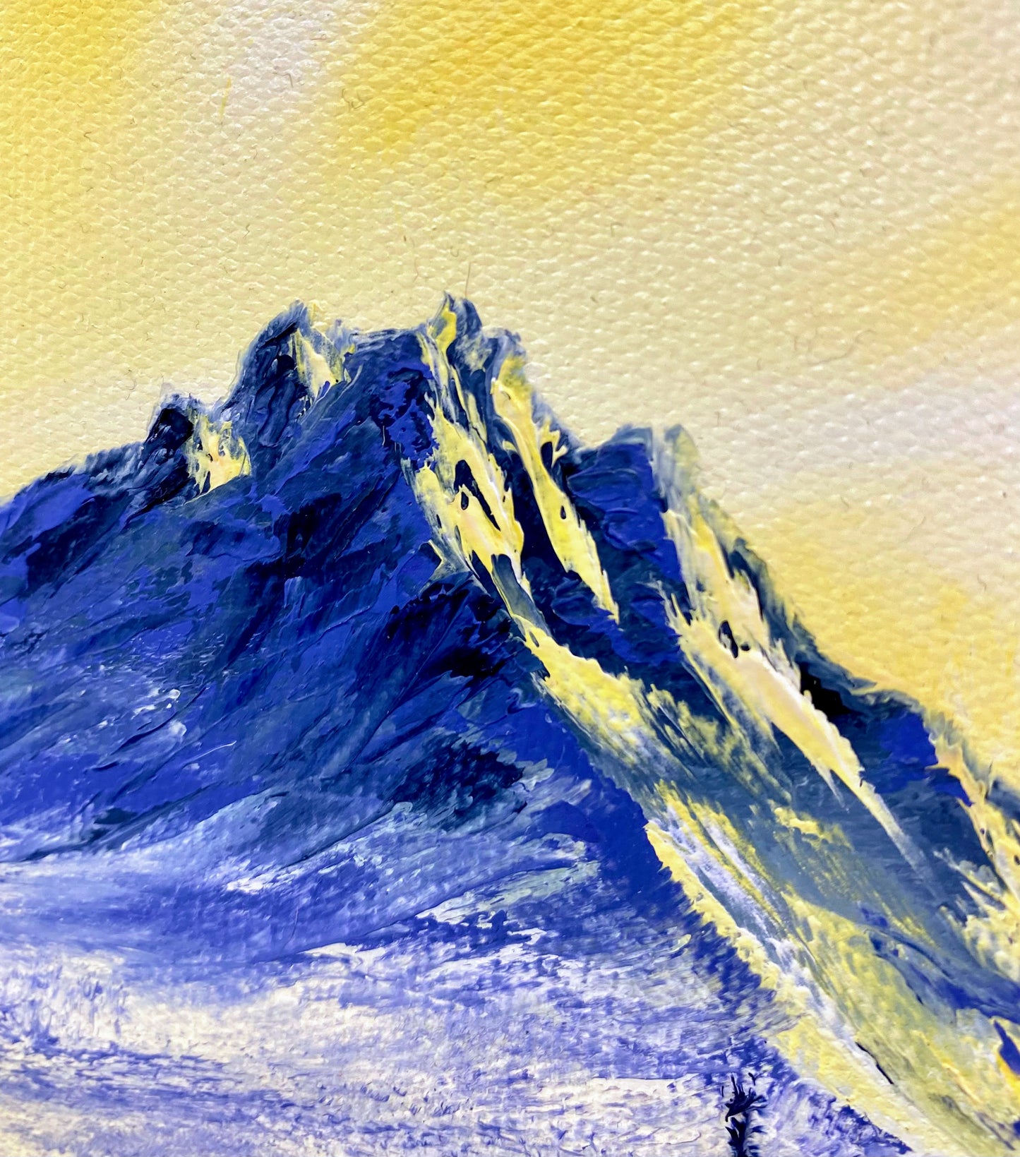 detail from the oil painting of a mountain with blue and yellow hues