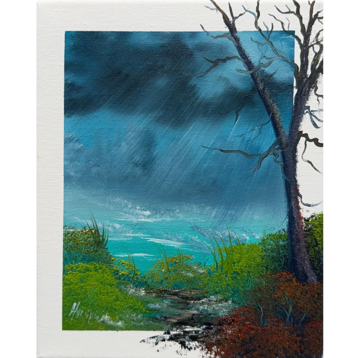 Bare tree and rocky path beneath a dark teal autumn storm sky with green grass and rusty red brush, original 8x10 oil painting on canvas.