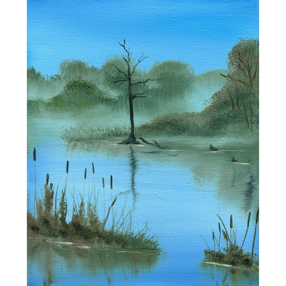 Ducks gliding across calm blue-green marsh water among cattails, misty trees and weathered trunks, original 8x10 oil painting on canvas.