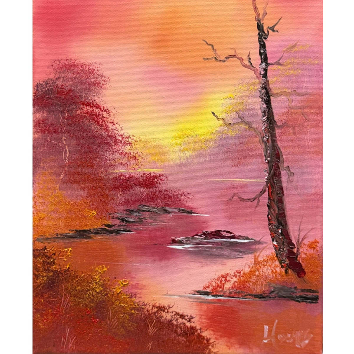 Fiery red trees and copper marsh brush reflected in pink water beneath a glowing yellow and cranberry sunset, original 8x10 oil painting on canvas.