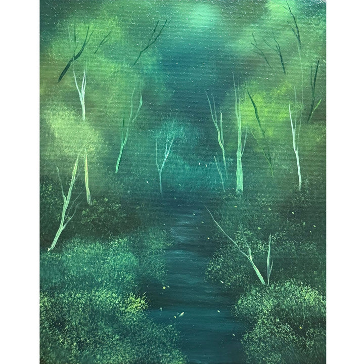 Deep green woodland creek with glowing golden fireflies among lime-green branches, original 8x10 oil painting on canvas.