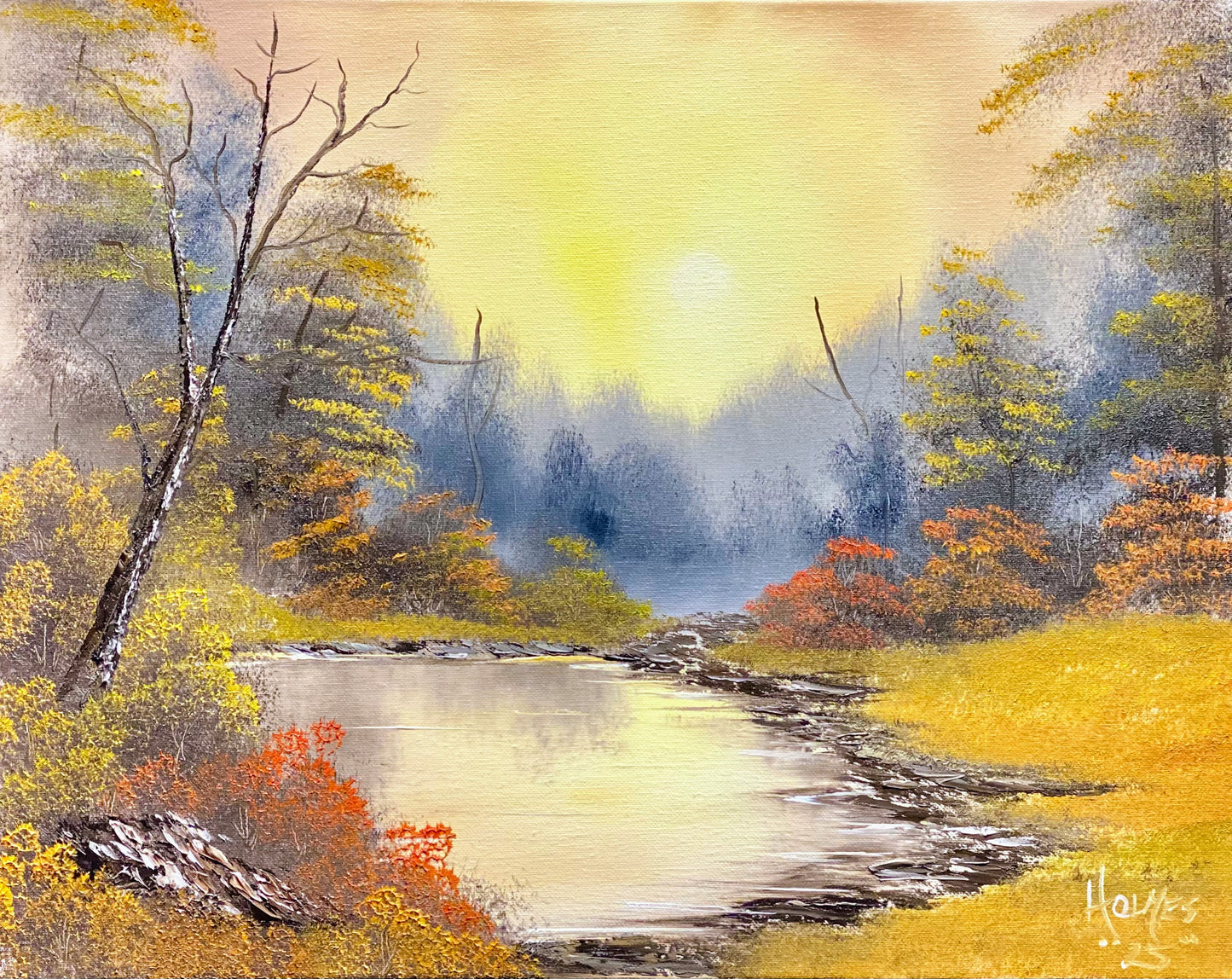 Painting of a serene landscape with a pond, trees, and a bright sky.