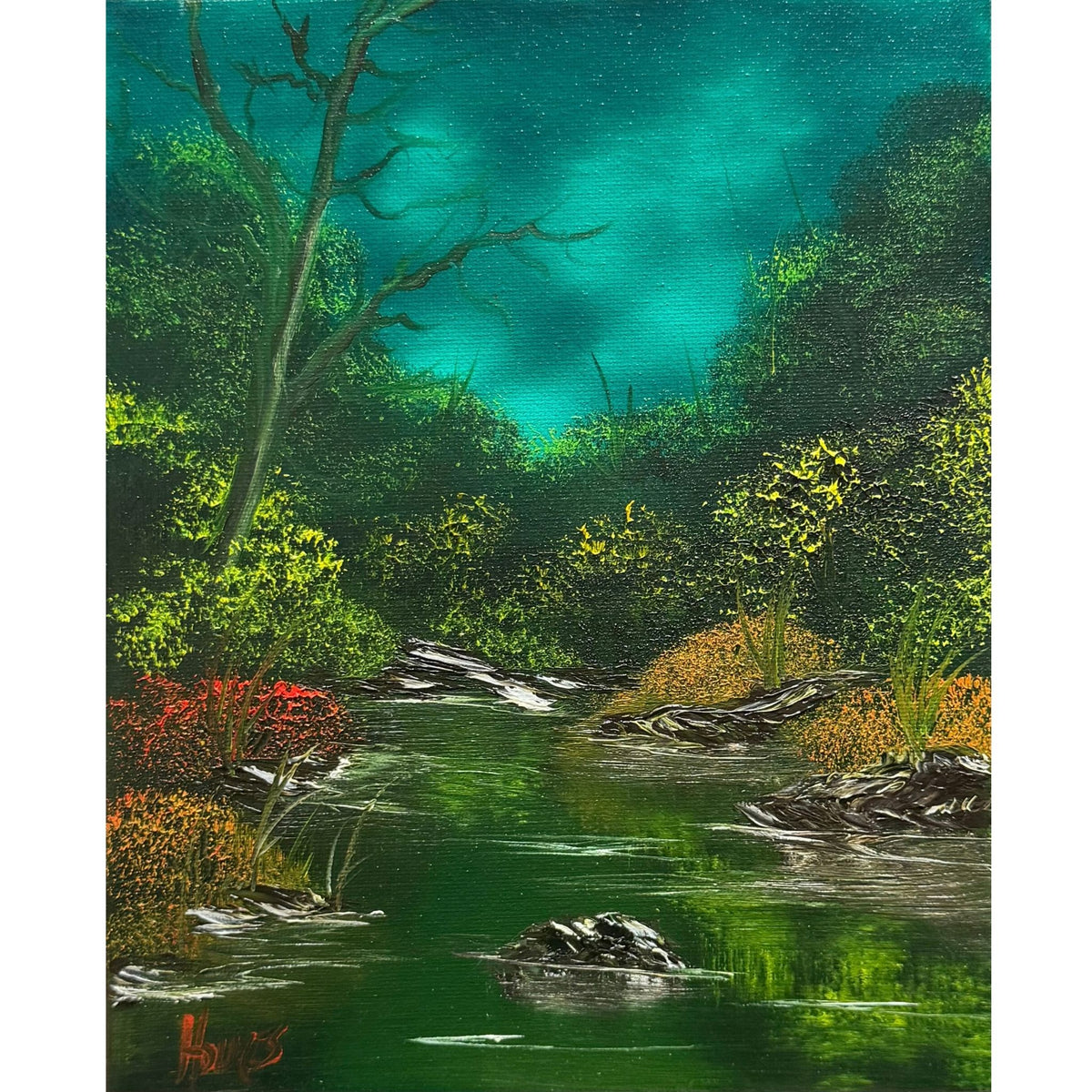 Emerald woodland creek beneath a glowing teal sky with green, gold and red foliage, original 8x10 oil painting on canvas.