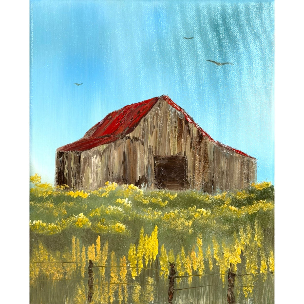 Weathered barn with a bright red roof beside a fence and field of yellow wildflowers under a blue sky, original 8x10 oil painting on canvas.