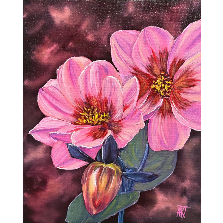 Bright pink dahlias with golden centers and green leaves against a deep plum background, original 8x10 oil painting on canvas.
