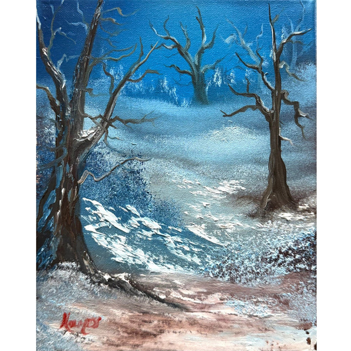 Snow-covered gnarled trees against a deep cobalt-blue winter sky, original 8x10 oil painting on canvas.