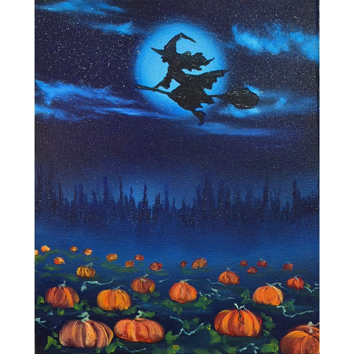 Witch silhouette flying across a moonlit blue sky above a glowing orange pumpkin patch, original 8x10 oil painting on canvas.