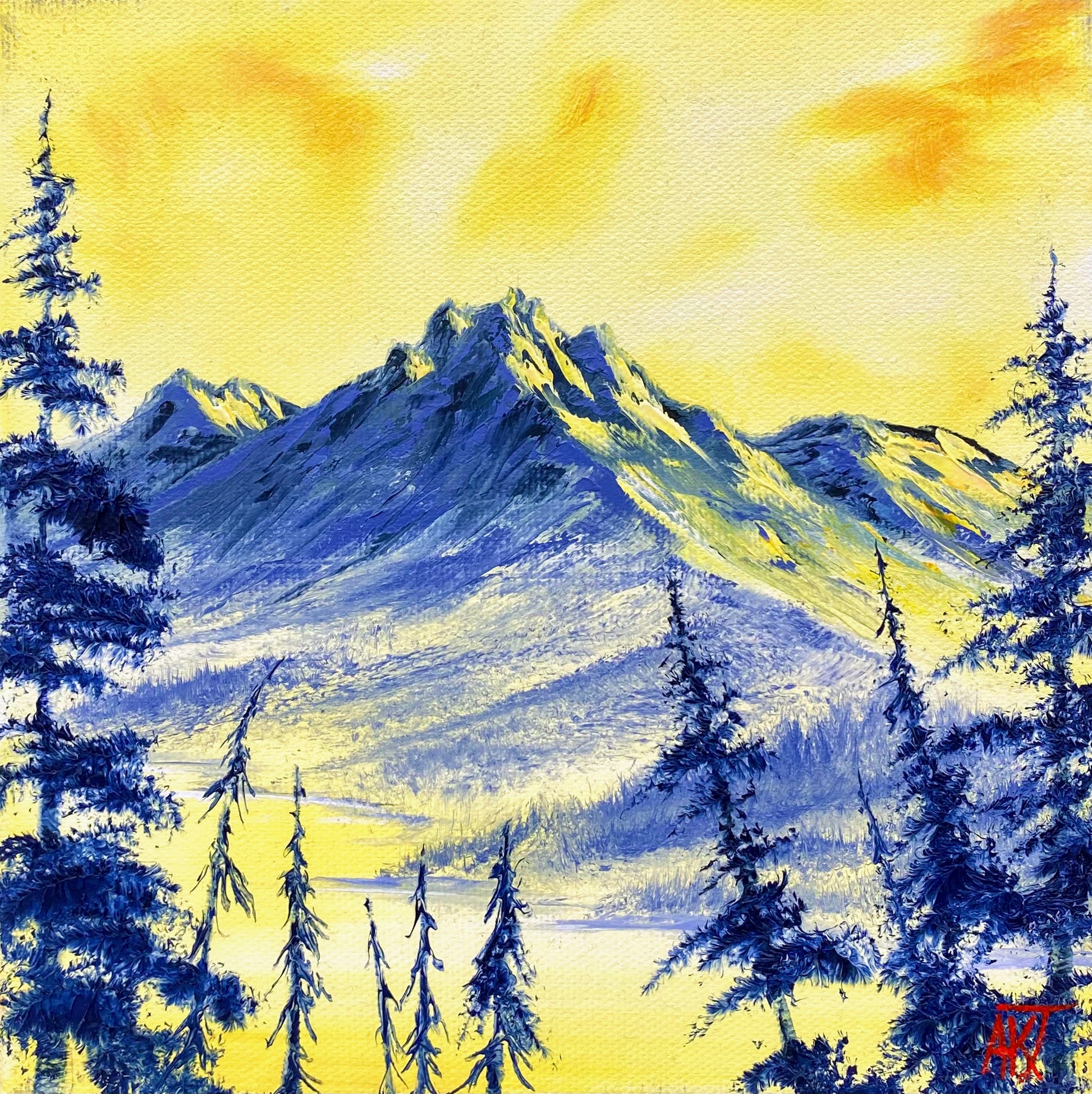 Painting of a mountain landscape with trees and a yellow sky